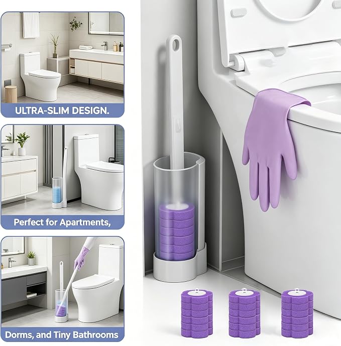 All-in-One Toilet Cleaning Kit - Disposable Toilet Brush with 18 Refills, 12 Extended Cleaning Gloves &12 Deep Clean Tablets - No Touch Bathroom Wand, Zero-Touch Cleaning System for Home & Apartment