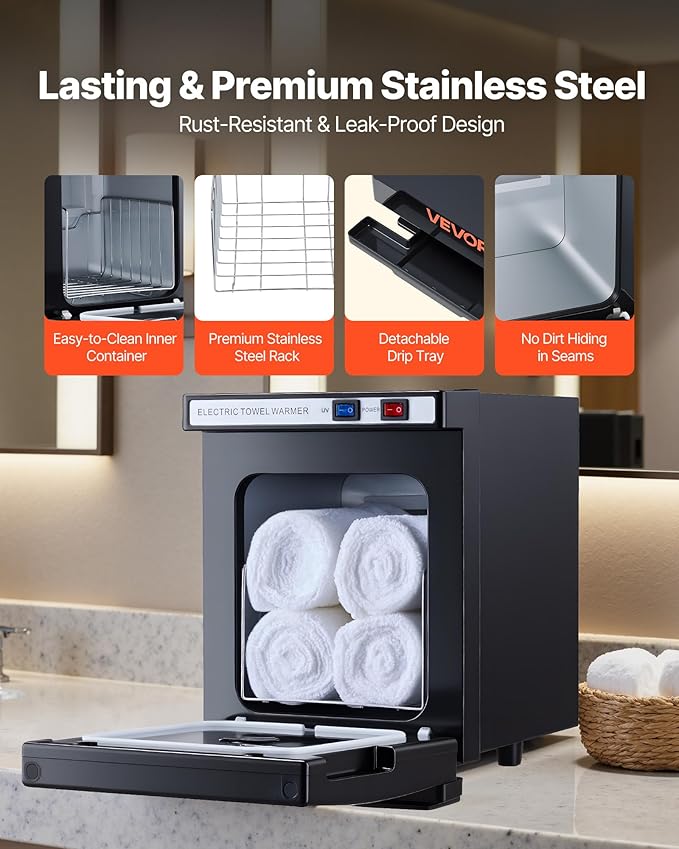 VEVOR Hot Towel Warmer, 5L Small Towel Warmer Cabinet with Clip & Stainless Steel Rack, Holds up 8-12 Towels, Portable All-Round Heating Cabinet for Spa, Barber, Manicures, Massage, Salon, Black