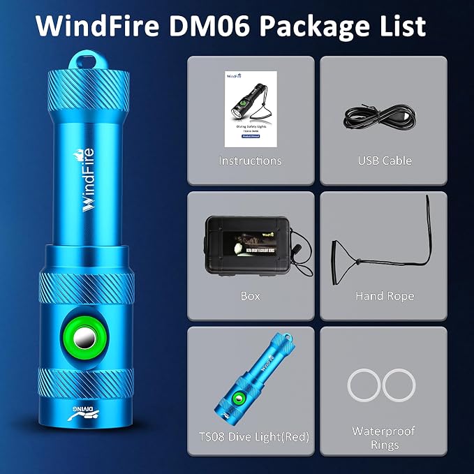 WINDFIRE Scuba Diving Light – Super Bright Diving Flashlight with 3 Modes & Power Indicator, IP68 Waterproof Rechargeable Underwater Torch for Scuba Diving, Snorkeling, and Underwater Exploration