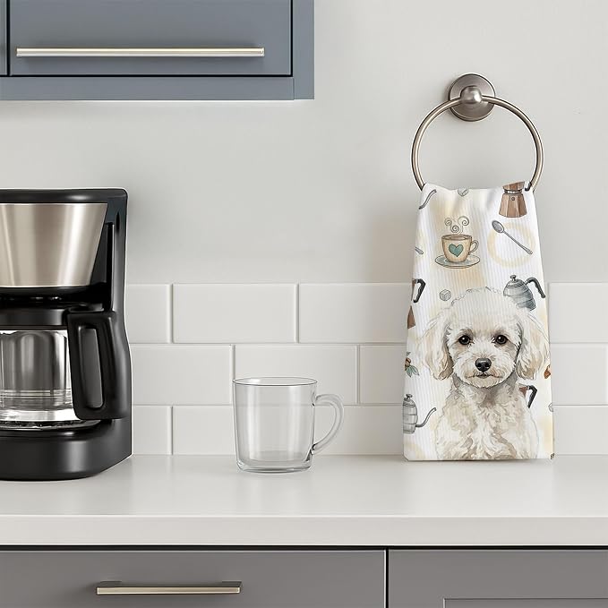 Caroline's Treasures Toy White Poodle Coffee Bar Kitchen Towel Velour Plush Front and Cotton Loop Back Machine Washable