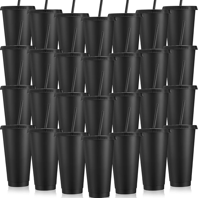 Honeydak 30 Pack Tumbler with Straw and Lid Bulk Cups for Gifts Water Bottle Iced Coffee Travel Mug Cup Reusable Plastic Tumblers for Party Birthdays 24-27 oz (Black Color)