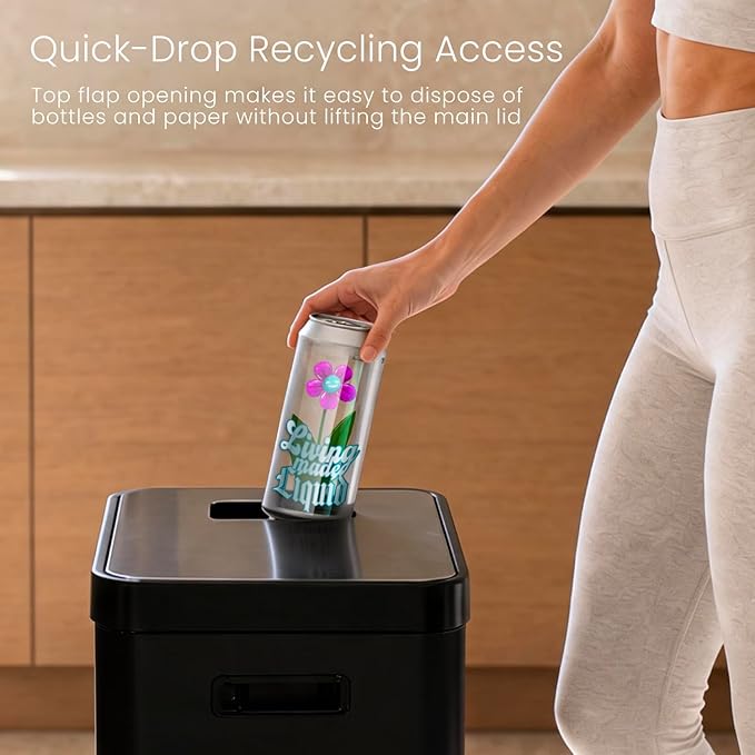 Home Zone Living 19 Gallon Kitchen Trash Can with Dual Compartments for Recycling, CleanAura Odor Control, Stainless Steel, Matte Black, 70 Liters Total