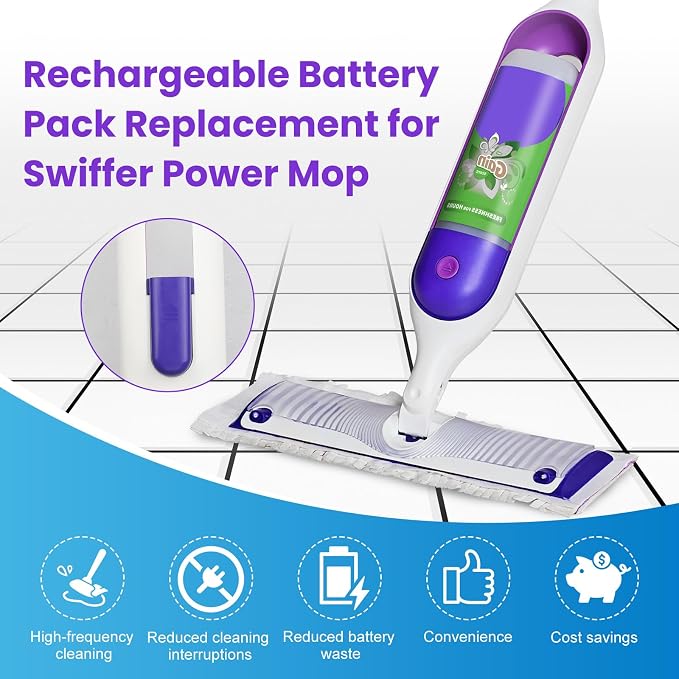 Bisenkud 2000mAh Rechargeable Battery Pack for Swiffer Power Mop | Lithium-Ion Battery Holder, 500 Cycles, Up to 3 Years, Built-In Charging Port, 1 Pack