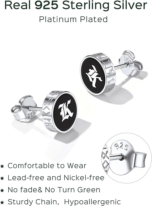ChicSilver 925 Sterling Silver Viking Rune Natural Black Onyx Stud Earrings For Women Men