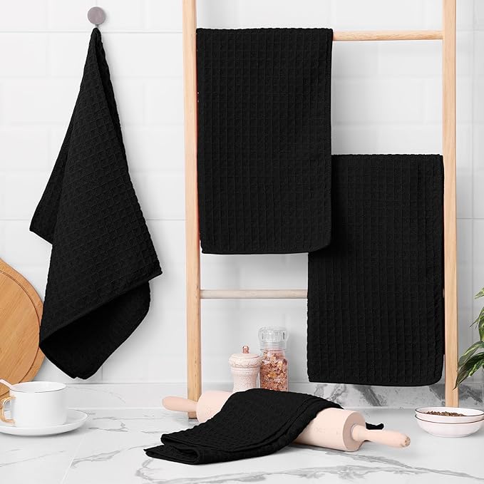 Homaxy Microfiber Waffle Weave Kitchen Towels, 16 x 28 Inch Ultra Absorbent and Solid Color Dish Towels, 8 Pack, Black
