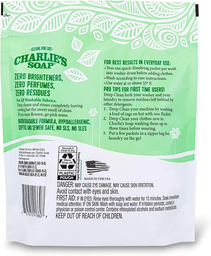 Charlie’s Soap Laundry Powder Packets, Pre-Measured Single Dose Laundry Detergent, Hypoallergenic, Biodegradable, HE & Septic Safe, Fragrance Free, 60 Pods (1 Pack)
