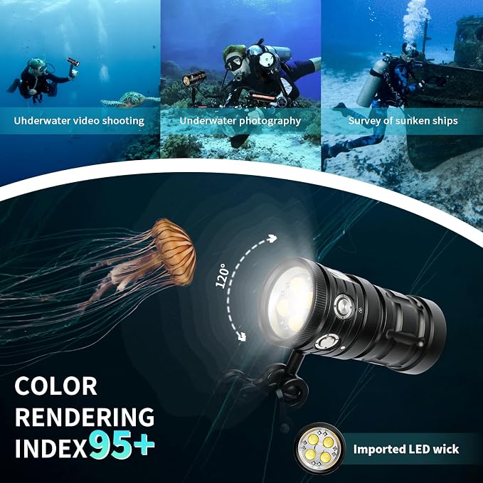 Starshine SX 8500 Lumens Dive Light - Professional Underwater Video Light with 95 CRI, 5500K White Light, USB-C Rechargeable, for Diving/Underwater Photography (IP68 Waterproof, 100m Depth)