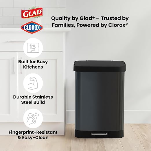 Glad 13 Gallon Stainless Steel Trash Can with Clorox Odor Protection | Large Metal Kitchen Garbage Bin with Soft Close Lid, Garbage Bag Rings, Step On Foot Pedal and Waste Bag Roll Holder, Pewter