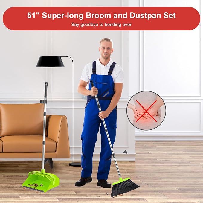 Tiumso Upgrade Broom with Dustpan Combo Set, Broom and Dustpan Set with 51'' Long Handle, Large Upright Brooms and Dust Pans, ZeroGap Lip, Self-Cleaning Teeth for Lobby and Restaurant - Light Green