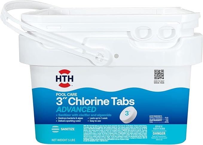 HTH 42052W Swimming Pool Care 3" Chlorine Tabs Advanced, Individually Wrapped Tablets, 5lb and HTH 52037 Swimming Pool Care Shock Advanced, Swimming Pool Chemical, Cal Hypo Formula, 12 Count(Pack of 1)