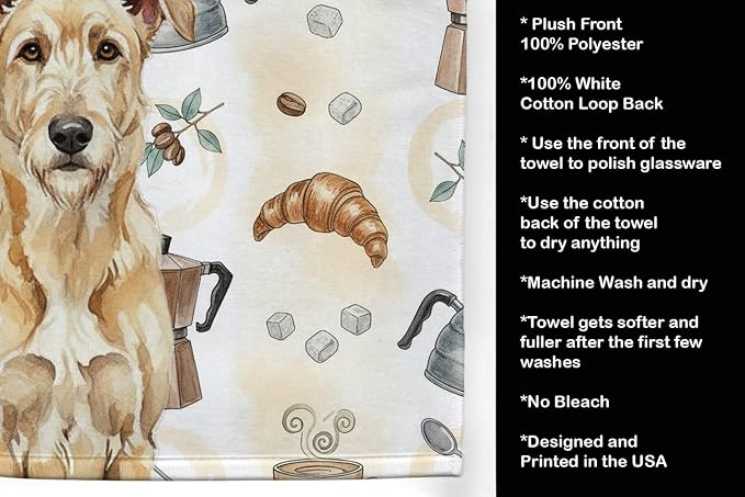 Caroline's Treasures Wheaten Irish Wolfhound Coffee Bar Kitchen Towel Velour Plush Front and Cotton Loop Back Machine Washable