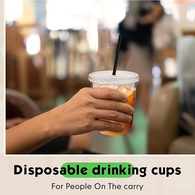 Ziliny 50 Set Clear Plastic Cups with Lids and Straws, Disposable Iced Coffee PET Cups for Drinking Cold Beverage Juice Parfait Smoothie Milkshake Coffee Shops Party Supplies (14 oz)