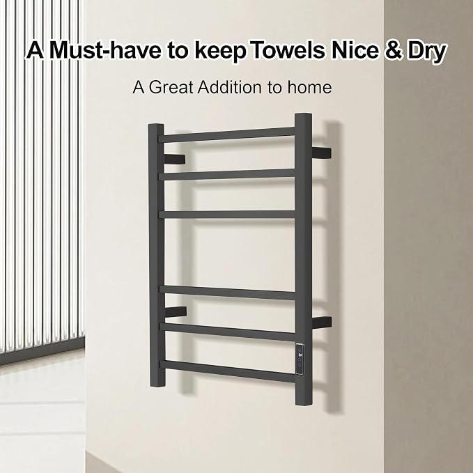 Electric Heated Towel Warmer - Wall Mounted Bathroom Towel Rack, Plug-in Design & Brushed Stainless Steel Finish Black Timer & Temperature Control, 6 Bar
