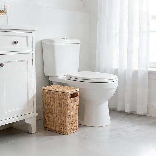 3 Gallon Wicker Trash Can with Lid and Removable Liner, Natural Water Hyacinth Handwoven Bathroom Waste Basket for Bedroom,Toilet, Living Room, Under Sink, Kitchen (No Brush)