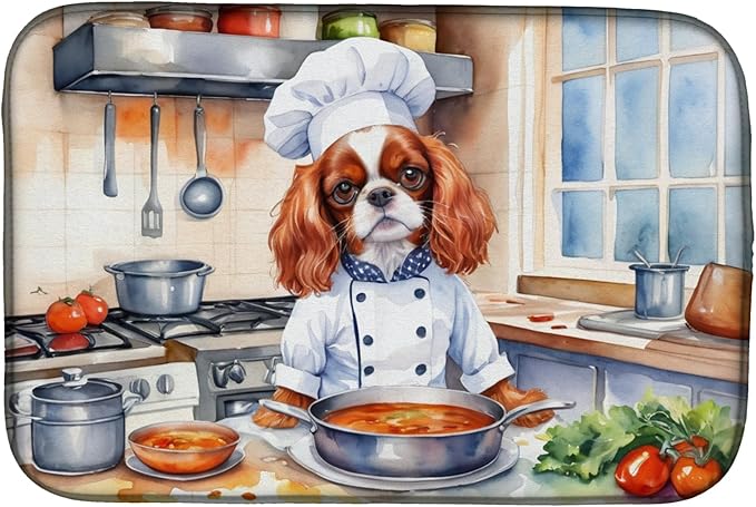 Caroline's Treasures DAC6227DDM Cavalier Spaniel The Chef Dish Drying Mat Absorbent Dish Drying Mat Pad for Kitchen Counter Dish Drainer Mat for Countertop, 14 x 21", Multicolor