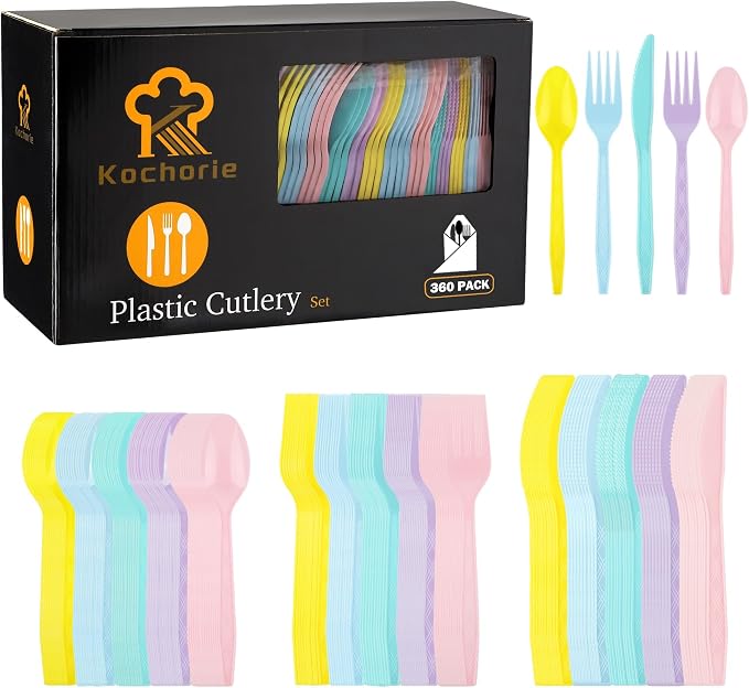 Kochorie 360 Pieces Pastel Plastic Cutlery Set Macaron Colors Disposable Plastic Utensils Colorful Heavy Duty Flatware Set Include 120 Knives 120 Forks 120 Spoons for Easter Birthday Tea Party Wedding