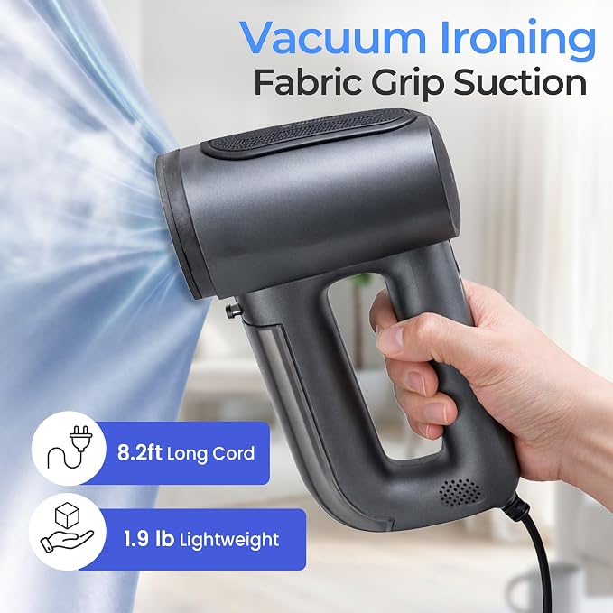 HubiCare Vacuum Garment Steamer, 2.5m Extra-Long Cord, Fabric-Grip Suction with Higher-Output Steam, Handheld Steamer for Clothes, 110–120V, Lightweight, Metallic Black