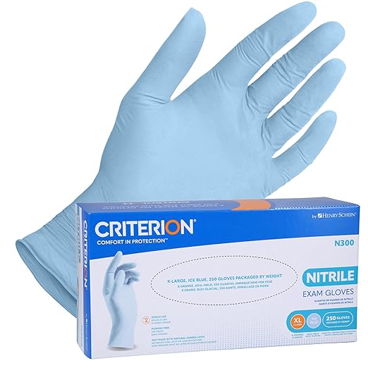 Henry Schein Criterion N300 Nitrile Exam Gloves – X-Large, Ice Blue, 250/Box – Chemo Tested, Latex-Free, Chlorinated, Textured Fingers, 2.76 Mil Finger Thickness, Beaded Cuff, Non-Sterile, Disposable