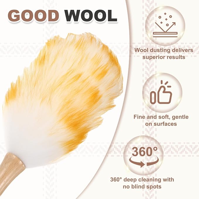 uxcell Wool Duster, 14.2" Natural Feather Cleaner Household Cleaning Duster with Solid Wooden Handle for Cleaning Fans Window Blinds Shelves Furniture, White Gold