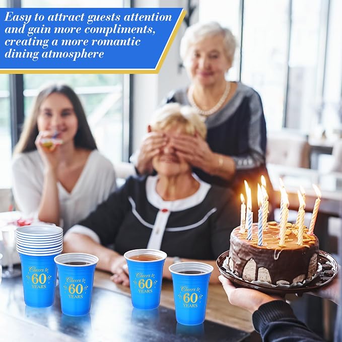 Ziliny 50 Pack 60th Birthday Cups 16 oz Cheers to 60 Years Disposable Plastic Cups Gold and Blue Birthday Party Hot Cold Drinks Tool for Party Wedding Anniversary Supplies Decorations