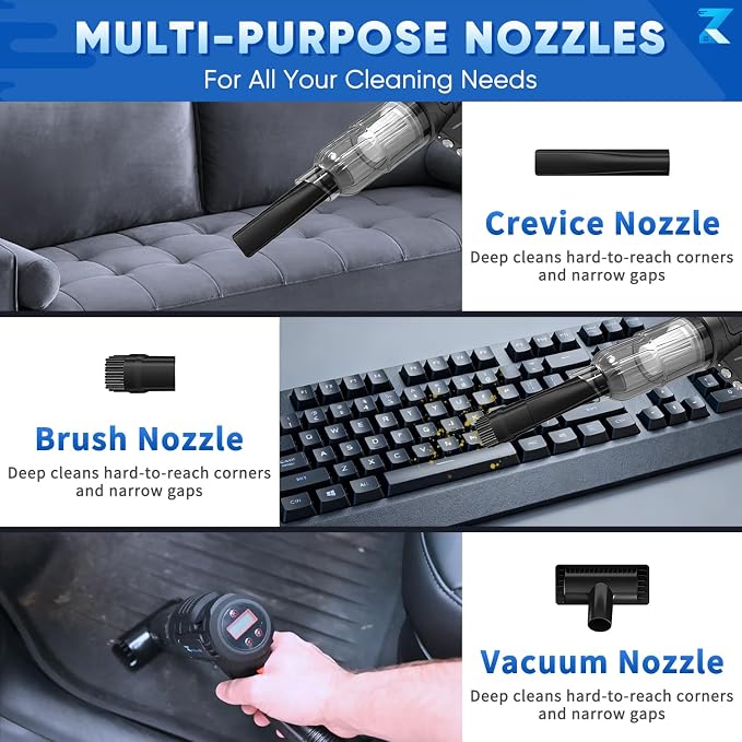 3 in 1 Cordless Car Vacuum and Air Compressor, LED Light,5000PA Powerful Suction&150PSI Auto-Shutoff Tire Inflator, with 3 Filters,45W Fast Charging for Car, Home,Motorcycle, Bicycle, Air Mattres