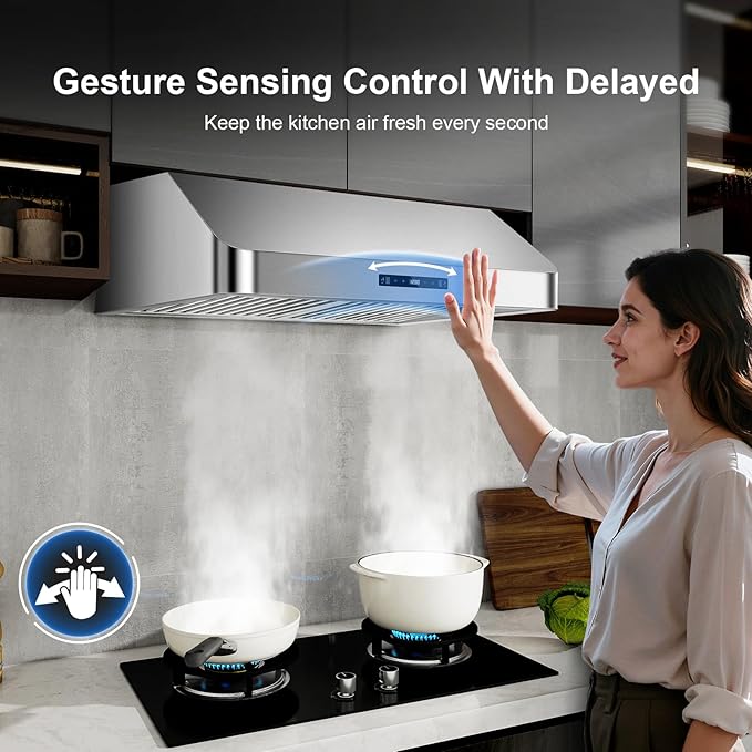 Under Cabinet Range Hood 30 inch, Kitchen Hood 900 CFM Stainless Steel with Gesture & Remote Control, 3-Speed Fan, Time Setting, Dishwasher Safe Baffle Filters, Range Hoods Ductless Convertible Duct