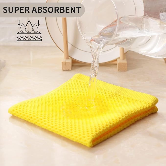 Kitinjoy 100% Cotton Kitchen Dish Cloths (12 X 12 Inches, Yellow), 6 Pack Waffle Weave Ultra Soft Absorbent Dish Towels for Drying Dishes Quick Drying Kitchen Towels Dish Rags
