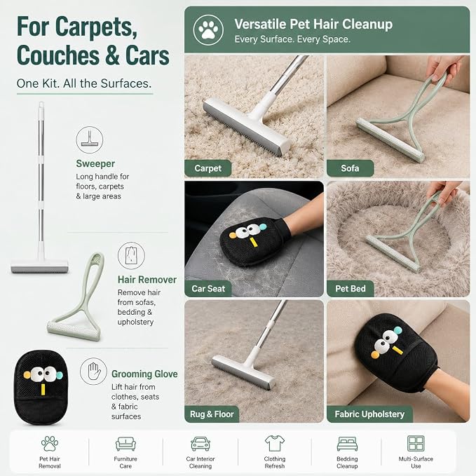 GOOGO Pet Hair Removal Tool Kit, 3 in 1 Carpet Rake Set with White Long Handle Brush, Mint Green Scraper and Scalable Pet Broom Glove for Carpets, Couches and Cars | Includes a white 52-inch carpet rake, mint green scraper and grooming glove for pet ha...