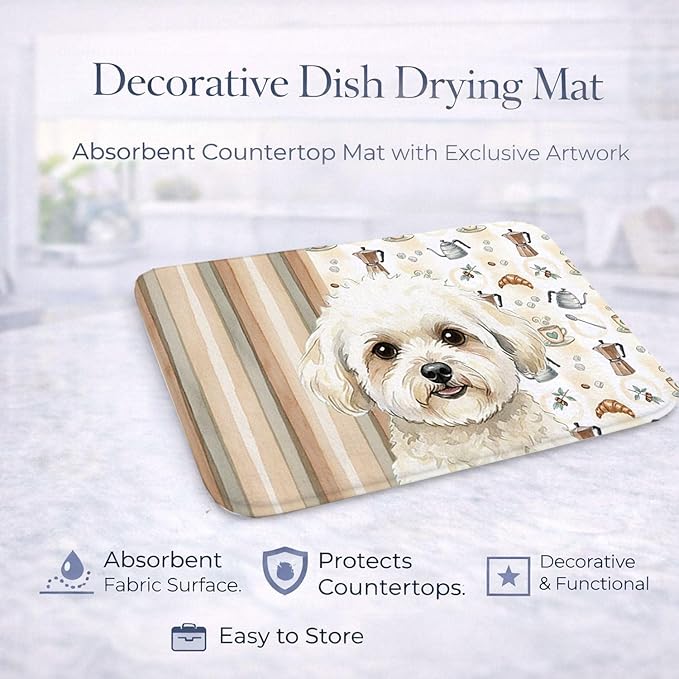 Caroline's Treasures White and Cream Bichon Frise Coffee Bar Dish Drying Mat Absorbent Dish Drying Mat Pad for Kitchen Counter Dish Drainer Mat for Countertop, 14 x 21", Multicolor