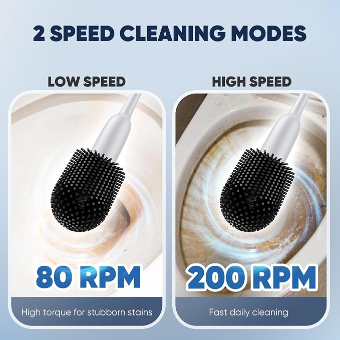EKZ Electric Toilet Brush with UV Stain Detection, High-Torque Deep Cleaning, Dual-Speed 80/200 RPM, Silicone Brush Head, Wall-Mounted Holder, Type-C Rechargeable, White