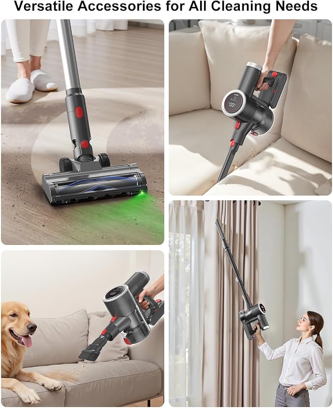 Cordless Vacuum Cleaner, Stick Vacuum Rechargeable, 550W 45KPA Powerful Suction Lightweight Vacuum Cleaners for Home, Anti-Tangle, Self Standing for Pet Hair Hardwood Floor Carpet - Silver