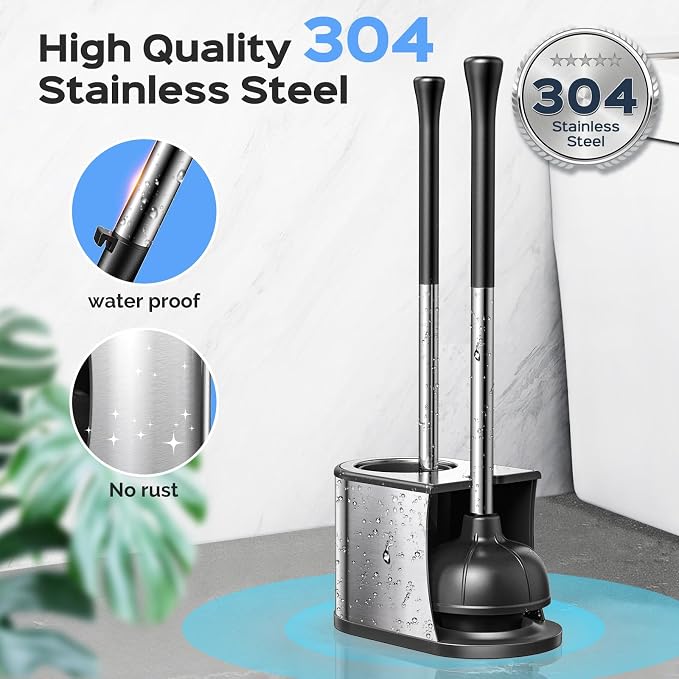 Silicone Bathroom Deep Cleaning Toilet Bowl Brush Holder Set Gray and 2 in 1 Stainless Steel Rustproof Toilet Plunger and Brush Set