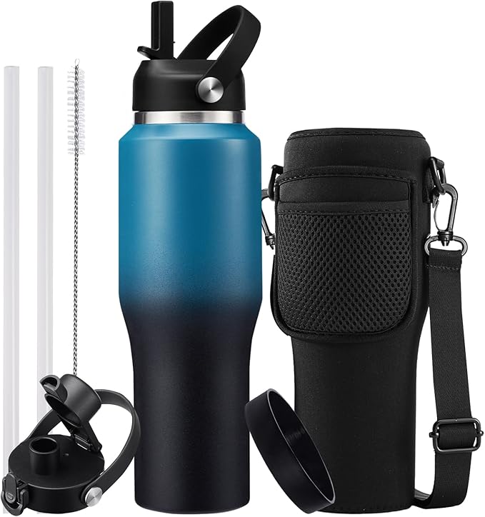 32oz Water Bottles with Straw - Travel Stainless Steel Water Bottle, Carrier Bag with Strap, 32 oz Tumbler Water Cup Fits Car Cup Holders