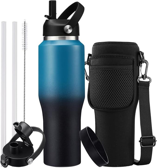 32oz Water Bottles with Straw - Travel Stainless Steel Water Bottle, Carrier Bag with Strap, 32 oz Tumbler Water Cup Fits Car Cup Holders