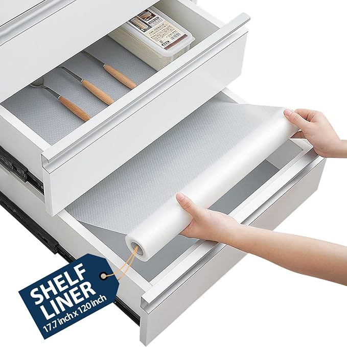 Shelf Liner Drawer Liner for Kitchen Cabinets Non-Adhesive by Linda’s Essentials (17.7 x 120 Inches) - Non-Slip Easy Clean Kitchen Cabinet and Cupboard Protector, Waterproof Mat, Clear Roll