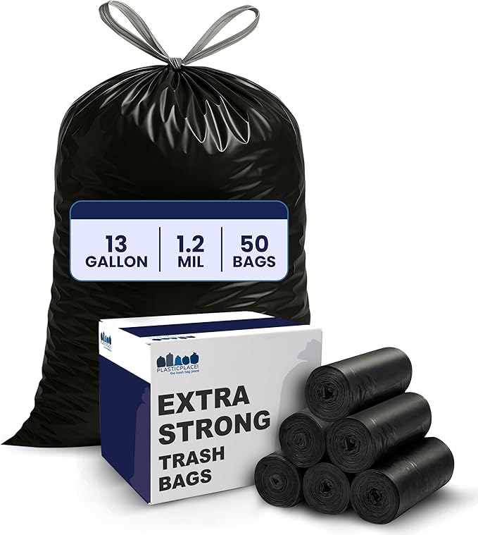 Plasticplace W13DSBKJR 13 Gallon Trash Bags │ 1.2 Mil │ (50 Count) Black Extra Tall Garbage Can Liners │ 24” x 31”