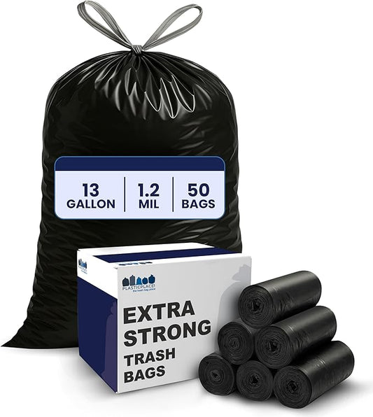 Plasticplace W13DSBKJR 13 Gallon Trash Bags │ 1.2 Mil │ (50 Count) Black Extra Tall Garbage Can Liners │ 24” x 31”