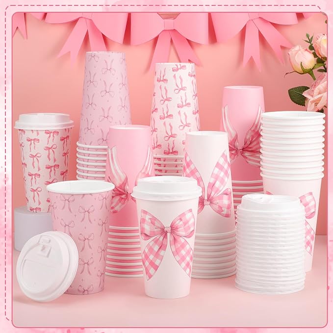 100 Pack Coquette Pink Bow Disposable Coffee Cups with Lids, 16 oz Valentine's Day Cute Bowknot Paper Cup Insulated Coffee Cup for Birthday Anniversay Baby Shower Bachelorette Party Supplies, 4 Styles