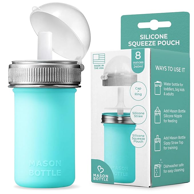 Mason Bottle 8oz Silicone Squeeze Pouch with Straw – Reusable Baby Food and Snack Pouch for Toddlers – Soft Food and Liquid Bottle - BPA & BPS-Free, Non-Toxic, Made in USA (Teal)