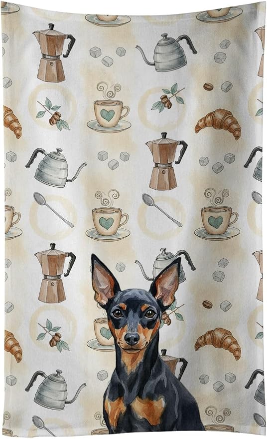 Caroline's Treasures Black and Tan Miniature Pinscher Coffee Bar Kitchen Towel Velour Plush Front and Cotton Loop Back Machine Washable