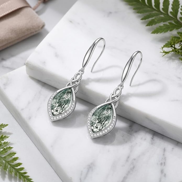 PELOVNY Celtic Knot Filigree Earrings for Women 925 Sterling Silver Moss Agate/Birthstone Infinity Earrings Birthday Christmas Jewelry Gifts for Mom Daughter Wife Sister