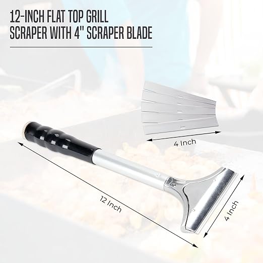 OCS Parts 12-Inch Flat Top Grill Scraper with 4" Scraper Blade | Heavy-Duty Multipurpose Scaper for Grills, Griddles and Kitchen Surfaces | Includes Five Scraper Blades Stored Inside Handle