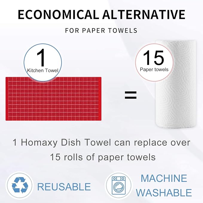 Homaxy Kitchen Towels and Dishcloths Set, 12 x 12 and 13 x 28 Inches, Set of 16 Bulk Cotton Terry Kitchen Towels Set, Checkered Designed, Soft and Super Absorbent Dish Towels, Red