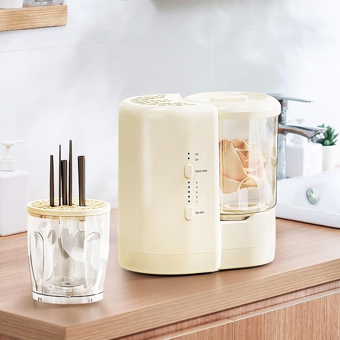 3-in-1 Electric Makeup Brush Cleaner & Mini Underwear Washing Machine & Makeup Brush Air Dryer with 2 Containers, Suitable for Cleaning Beauty Makeup Brush Set, Underwear and Socks, Beige