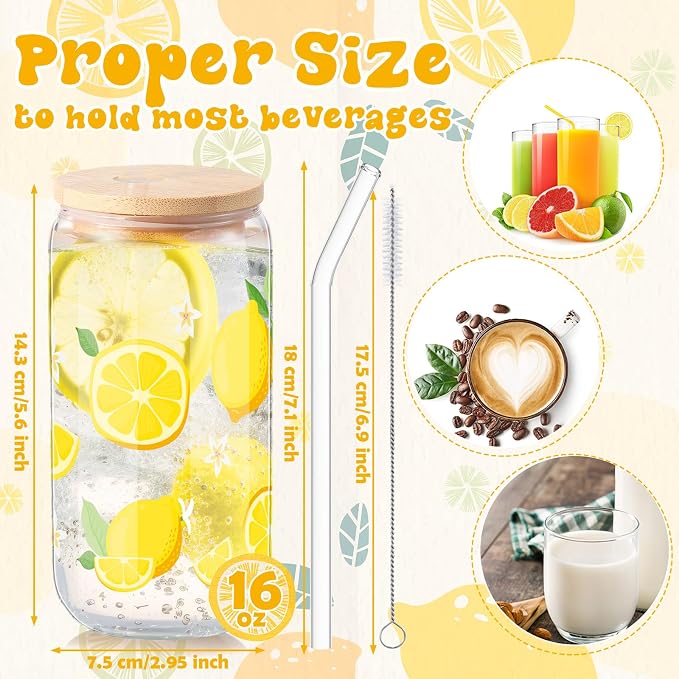 Sliner 2 Pcs Lemon Glass Cups Summer Drinking Tumbler 16 oz Iced Coffee Cup with Lid Straw Cleaning Brush Cute Beer Can Tumbler Holiday Gifts for Spring Summer Home Office Decorations