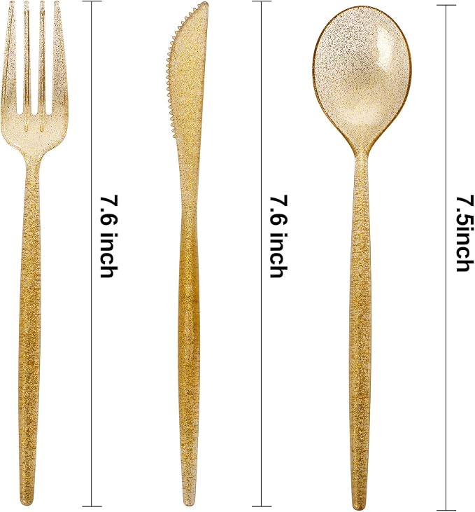 Supernal 180pcs Gold Plastic Silverware Durable Plastic Silverware Gold Glitter Color Party Cutlery Disposable Flatware Heavy Duty Include 60 Forks,60 Knvies,60 Spoons for Wedding,Birthday (Pack of 2)
