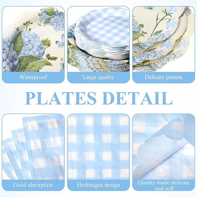 Pickmesh 250 Pcs Blue Hydrangea Party Supplies Blue Floral Gingham Checkered Paper Plates Napkins and Cups Hydrangea Disposable Tableware Set for Summer Wedding Birthday Tea Party Decorations Serve 50