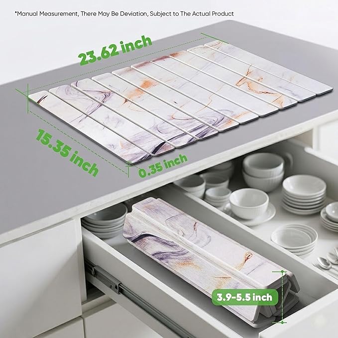 Stone Drying Mat for Kitchen Counter, Quick Diatomaceous Earth Mats for Dishes, 23.6"L x 15.7" W Super Absorbent Fast-Drying Collapsible Countertop Stone Mat (Marble White-05, 24" x 16")