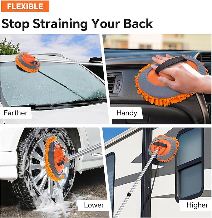 ARTIPOLY 20ft Reach Car Wash Brush with Long Handle-Car Cleaning Kit with 4-12FT Extension Pole, Ultimate RV,Truck Wash Set with Soft Brush, Tire Brush, Window Squeegee, Mitt, Microfiber Cleaning Mop