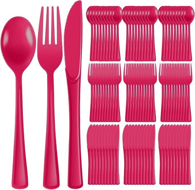 Plastic Silverware 150 PCS Disposable Silverware Heavy Duty Utensil Sets 50 Of Each Forks Knives & Spoons Disposable Cutlery Set For Easter,Birthday,Baby Shower,Garden Party,Wedding(150,Hot Pink)